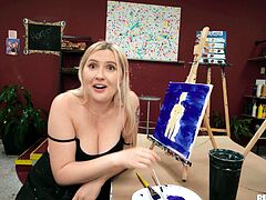 My blonde student was making the painting of the lady when I distracted her by showing my big dick, so instead of painting, she sucked my cock and gave me an incredible tits job. She then slid my cock inside her juicy cunt in a doggy-style position to make my erection gone. Join now!