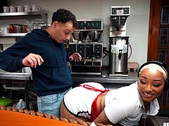 This lucky ass stud went into a neighbourhood diner to get some dinner but as the horny waitresses saw him, they got all hot and bothered and got to seducing him. The brunette hottie came over to him first and brought him to fingerfuck her, after which the ebony babe joined them in too and they sucked him off together.