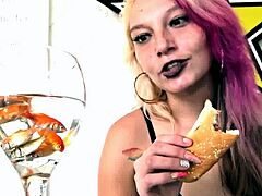 Evil woman devours fish for breakfast - Vore Giantess